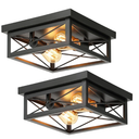 2-Light Industrial Square Flush Mount Ceiling Light, Farmhouse Ceiling Light Fixture for Kitchen, Modern Black Close to Ceiling Light for Hallway Bedroom Balcony Porch Stairway, E26, 2-Pack