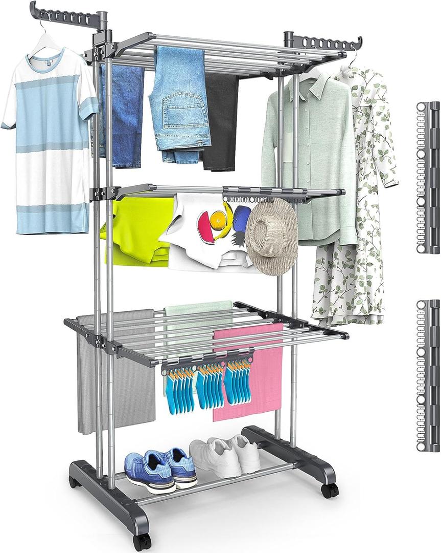 4 Tier Clothes Drying Rack Oversized, Foldable& Adjustable Height Rolling Clothes Rack Stainless Steel with 4 Castor, 24 Drying Poles,14 Hook& 2 Sock Clippers, Drying Rack Clothing for Indoor& Outdoor