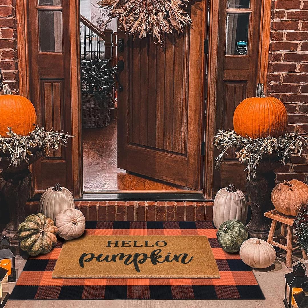 Fall Decor Door Mat Combo Set, 100% Coco Coir Welcome Mat + 28 x 43 Inches Orange and Black Plaid Rug- Fall Thanksgiving Front Porch Entryway Floor Doormat, Indoor Outdoor Autumn Mats Hello Pumpkin