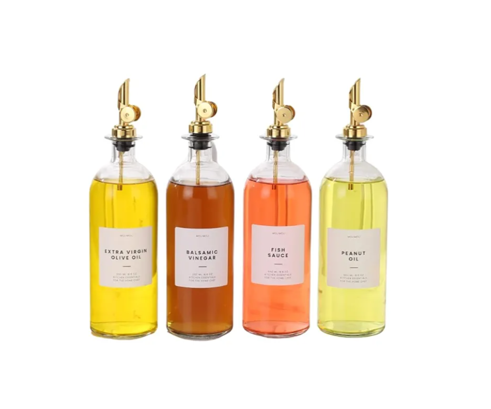 Molimoli Oil and Vinegar Dispenser with Metal Pour Spout, Weighted Pourer, Glass Bottle Dispenser for Kitchen, Olive Oil Cruet, Glass Olive Oil Bottle | 500ml, Set of 4