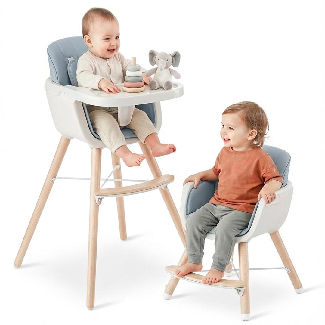 Mallify 3-in-1 Wooden High Chair, Convertible High Chairs for Babies and Toddlers, Baby Highchair with Adjustable Legs & Dishwasher-Safe Tray, Sleek Hardwood & Premium PU Cushion, Blue