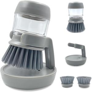 Good Grips Soap Dispensing Palm Brush, Dish Scrub Brush, Kitchen Brushes for Dishes, Kitchen Brush with Holder for Pot Pan Sink Cleaning (Gray)