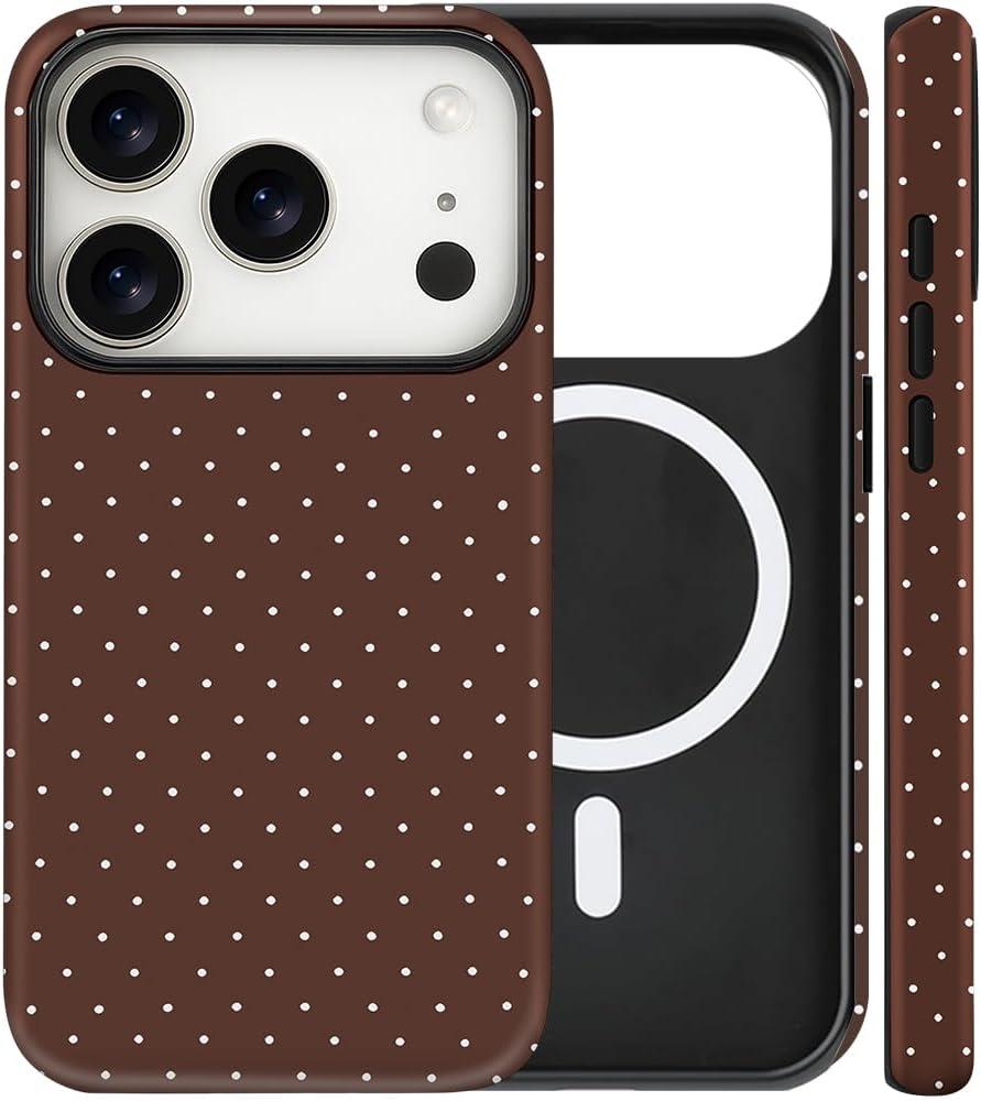 Magnetic for iPhone 17 Pro Max Case Cute Polka Dot Phone Case, Shockproof Slim TPU and Hard PC Protective Phone Cover Compatible with MagSafe Designed for Women Girls, Brown