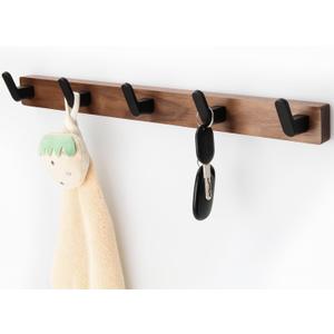 17 Inch Walnut Wood Wall Mounted Coat Rack with 5 Black Hooks, Adhesive Mounted Entryway Hooks, Modern Natural Wooden Pegs for Hanging Coat Clothes Hat Bag Purse Key and Towel