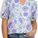 GRACE KARIN Women Boho Floral Tops, Summer Short Sleeve Shirts, V Neck Dressy Casual Blouse Work Printed 2026 Spring Trendy (Purple, M)