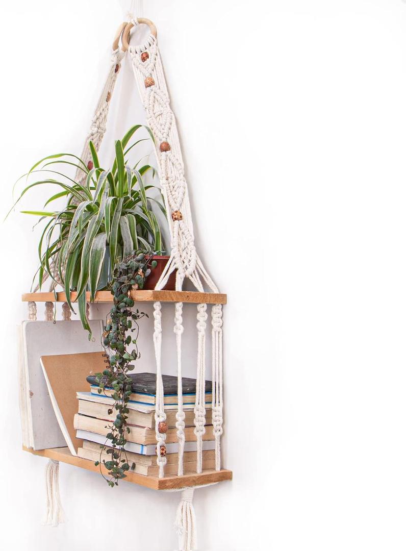 Boho Wall Hanging Shelves Macrame Floating Plant Photos Wood Shelf for Bedroom Living Room Apartment Decor (White)