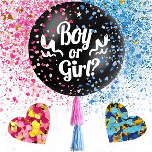 Gender Reveal Confetti Balloon Party Supplies Decoration Kit 2 Pack 36 Inch Big Black Balloons Pink and Blue Heart Shape Confetti Packs Pink and Blue Tassels Boy or Girl shower Black