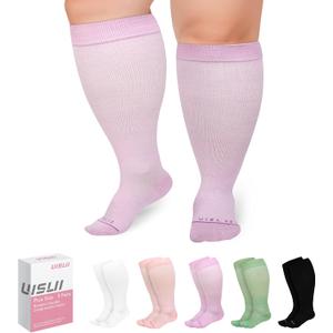 UISLII Plus Size Compression Socks Wide Calf Women Men,5 Pairs 20-30mmHg Extra Width Calf Viscose Knee High Compression Socks for Circulation Support (XL, Black/White/Purple/Green/Pink)