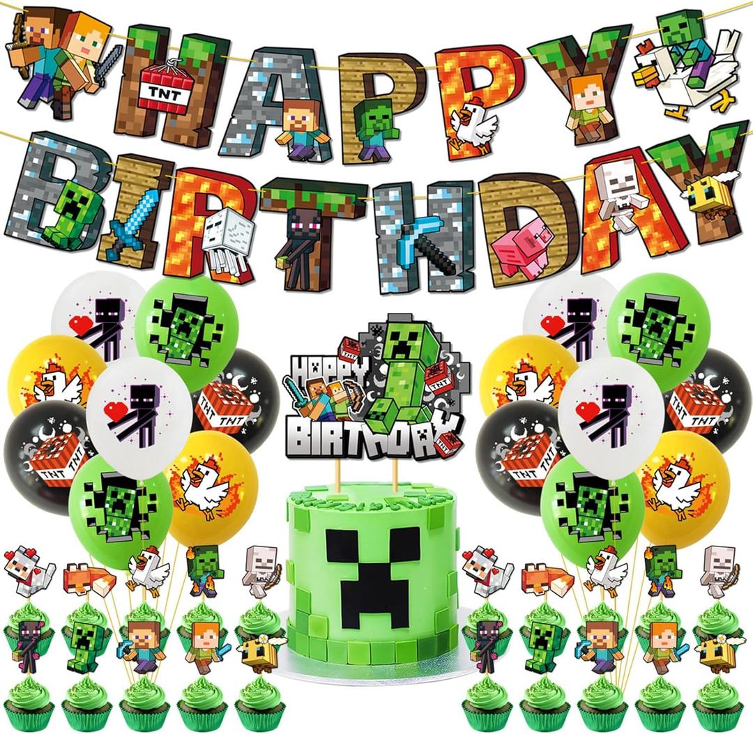 Pixel Birthday Party Decorations, Game Styled Gamer Party Supplies, lnclude Happy Birthday Banner, Balloons, Cake Toppers, Cartoon Party Celebrate Supplies