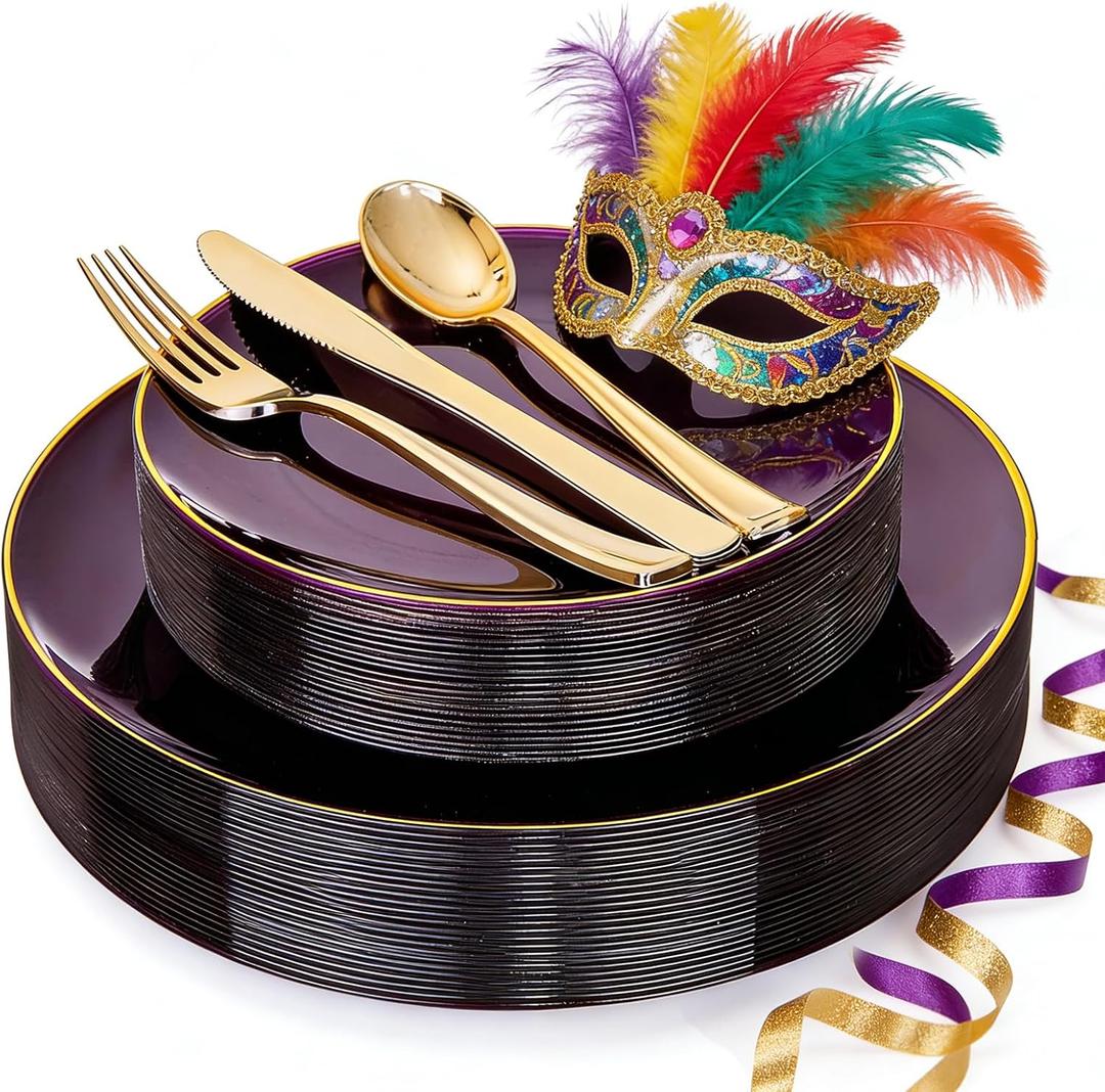 YOUBET 125PCS Purple Plastic Plates - Purple Disposable Plates With Gold Rim - Include 50 Dinner & Dessert Plate, 75 Gold Cutlery Perfect for Wedding Parties & Mardi Gras Party