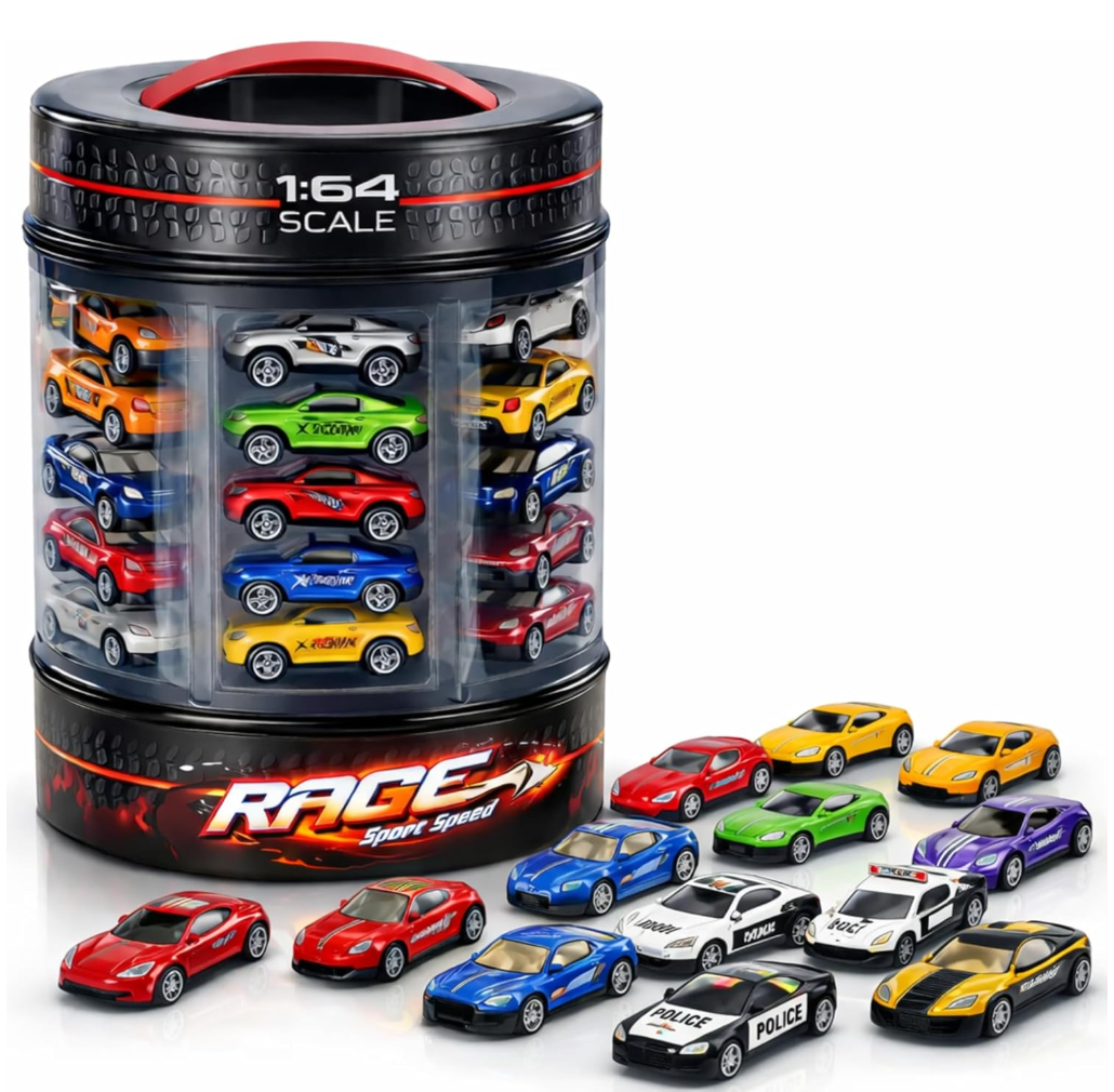 25 Piece Diecast Cars Pack Toy Playset in Storage Carrying Tub  1:64 Scale Metal Alloy Diecast Vehicles Collection for Kids