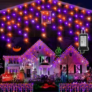 KNONEW 33FT 400 LED Orange Purple Halloween Lights Outdoor Black Wire String Lights with 75 Drops, 8 Lighting Modes, Timer Memory Function Connectable Hanging Curtain Lights for Halloween Party Decor