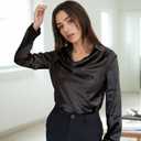 Women's Elegant Solid Satin Cowl Neck Blouse Long Sleeves Casual Business Dressy Shirts Office Work Ladies Top (Black, M)