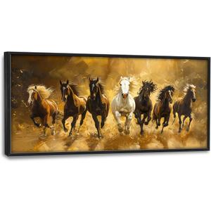 Large Horse Wall Art Lucky 7 Running Horses Painting Wall Decor Golden Canvas Prints Pictures Modern Framed Artwork Home Decoration above Bed for Living Room Dining Room Bedroom Office 60"x30"