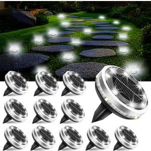 Solar Ground Lights Outdoor 12 Pack Waterproof, Upgraded Solar Garden Lights with 4 Side Light, Stainless Steel Solar Powered Disc Landscape Light for Walkway Pathway Lawn Yard Patio Deck-Cool White