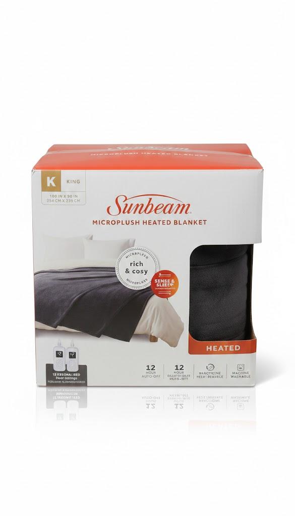 Sunbeam Electric Throw Royal Luxe Microplush Heated Blanket, 4 Heat Settings, 4-Hour Auto Shut-Off, Fast Heating, Warm and Cozy, Grey Rodeen Plaid, King