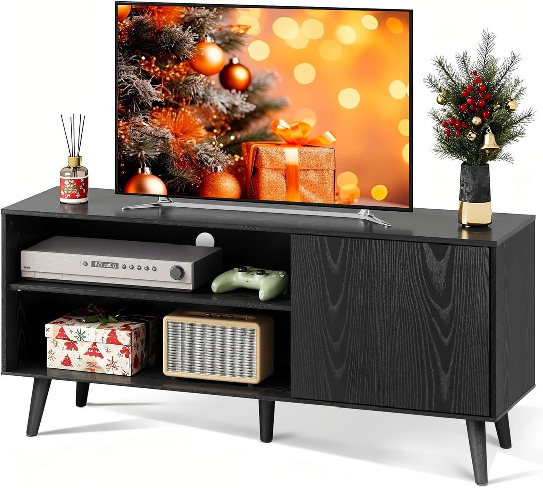 WLIVE TV Stand for 55 Inch TVs, Entertainment Center with Storage Cabinet, Mid-Century TV Stands for Living Room and Bedroom, 50" TV Console, Black