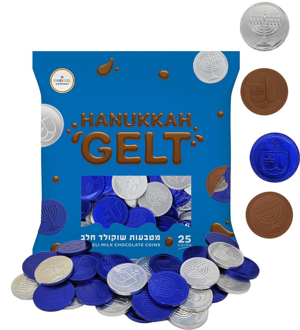 4 x The Dreidel Company 25-Pack Blue & Silver Hanukkah Milk Chocolate Coins, Hanukkah Design Menorah & Dreidel Design, Non GMO, Kosher Certified OU-D (EXP 11/02/27)