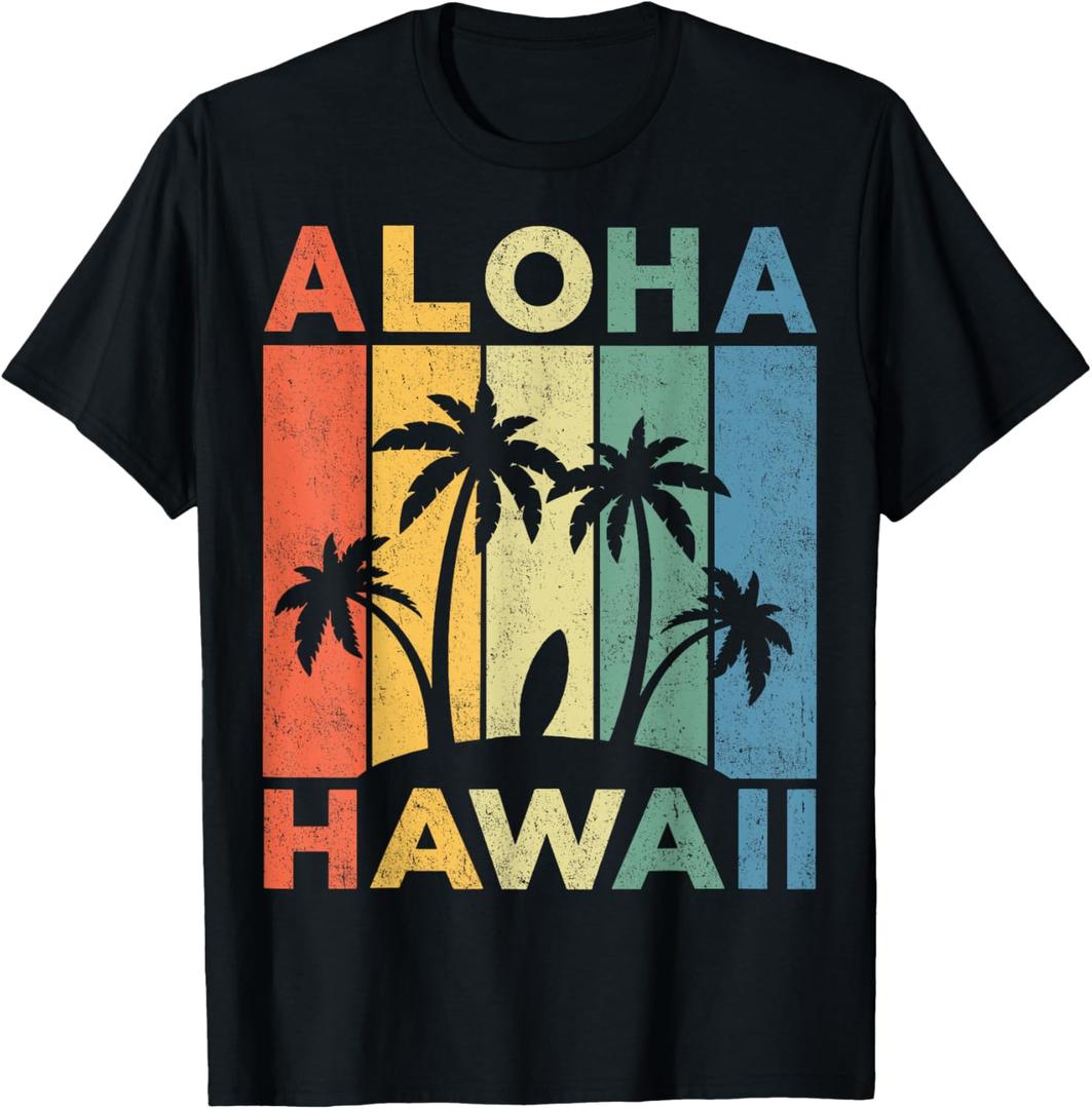 Aloha Hawaii Hawaiian Island Shirt Palm Beach Surfboard Surf T-Shirt (Small, Black)