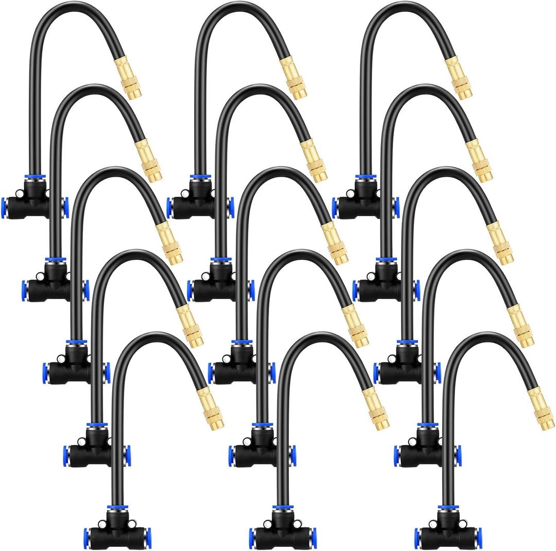Zonon 15 Pcs Brass Misting Nozzles Tee with 8" Built in Hose for 0.32"/8 mm Tubing 360 Degree Rotation Adjustable Water Mister Nozzle Thread Sprayer Misting Part Accessories for Patio Outdoor Cooling