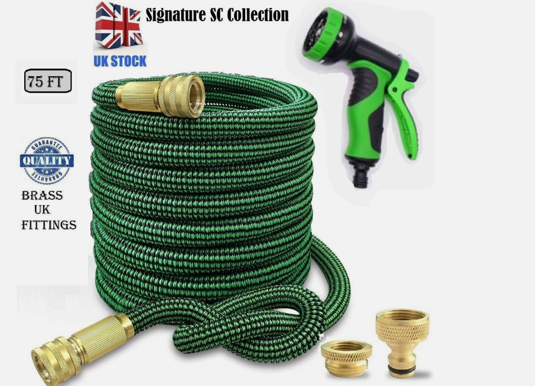 75FT Expandable Garden Hose Pipe 8 Function Spray Nozzle Kink-Free Green