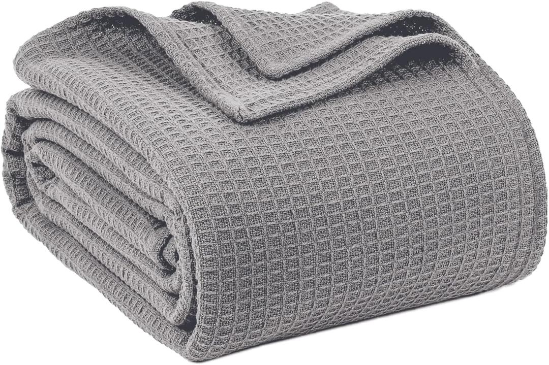 100% Cotton Blankets Queen Size for Bed - Waffle Weave Blankets for Summer, Lightweight and Breathable Soft Woven Blanket for Spring, (Light Grey, Queen (90" x 90"))