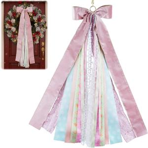 2 x Large Pink Christmas Wreath Sash for Door, 27.5" Holiday Decoration with Snowflake Lace Pattern, 11 Glitter Bow Tree Topper Wall Indoor Outdoor Xmas Farmhouse Home Decor Metal Clip