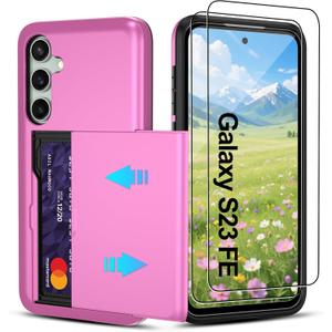 Pilaru Compatible with Samsung Galaxy S23 FE Case with Card Holder Dual Layer Heavy Duty Protective Shockproof Hidden Card Slot Slim Wallet Phone Cover for S23 FE Phone Case (Hot Pink)