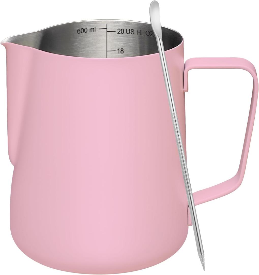 Milk Frothing Pitcher, 20 oz Milk Frother Cup with Clear Scale, 304 Stainless Steel Cappuccino Espresso Machine Accessories for Barista Coffee Bar with Latte Art Pen, Pink