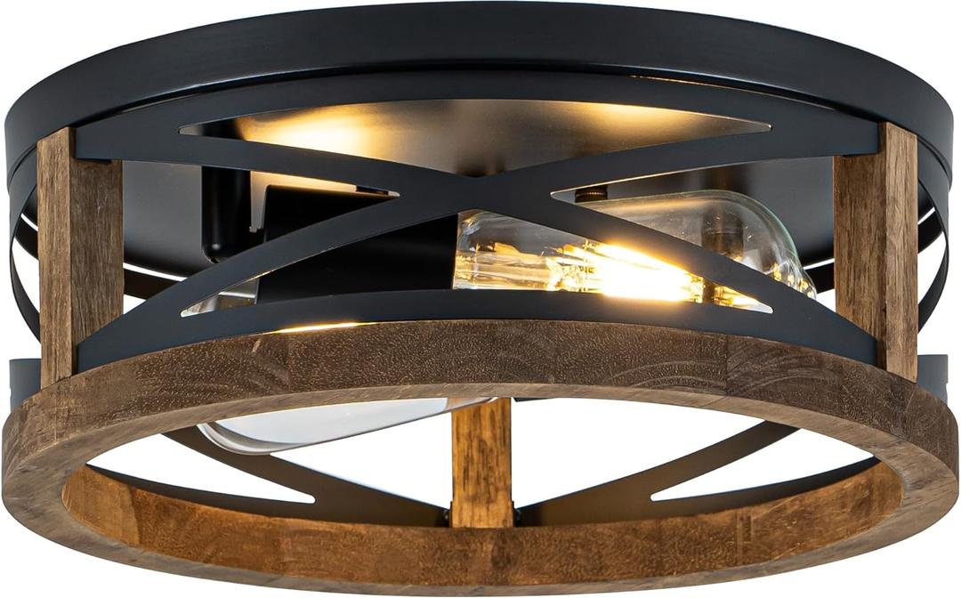 Farmhouse Ceiling Light, 2-Light Round Flush Mount Ceiling Light with Wood and Metal Frame, Black Rustic Light Fixture for Hallway, Entryway, Bedroom, Kitchen