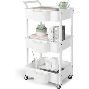 3-Tier Utility Rolling Cart,Mobile Utility Cart with Lockable Caster Wheels,Storage Shelves Organizer Cart, 3 Hanging Baskets, Easy Assembly,for Bathroom, Kitchen, Office, Workshop