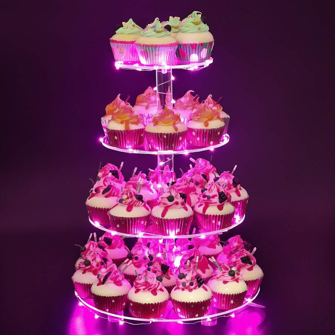 YestBuy 4 Tier Round Cupcake Stand  Premium Cupcake Holder  Acrylic Cupcake Tower Display  Acrylic Display for Pastry + LED Light String  Ideal for Weddings, Birthday Parties & Events (Pink)