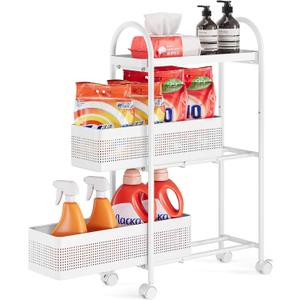 KINGRACK 3 Tier Slim Rolling Cart with Drawer, Metal Utility Storage Cart | 2 Pull-out Baskets, Lockable Wheels, Narrow Space Trolley Organizer for Bathroom, Kitchen, Office, Dorm, Laundry Room, White