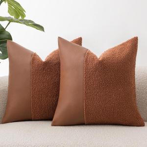 Set of 2 Fluffy Boucle Pillow Covers 24"x24", Rust Red Textured Throw Pillow Covers with Faux Leather Accents, Boho Decorative Pillow Cases for Couch, Bed, or Farmhouse Home Decor