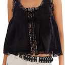 Womens Summer Boho Lace Tie Front Relaxed Fit Thin Sheer Tank Flowy Vest Tops Button Down Sleeveless Y2K Clothes (Black, M)