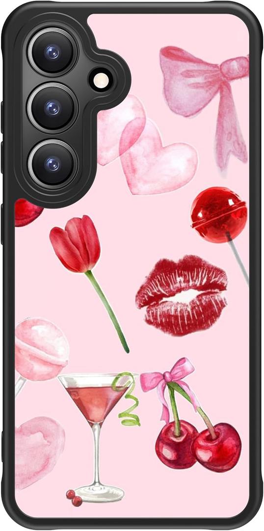 FUNMIKO for Samsung Galaxy S25 Plus Case Wireless Charging & Military-Grade Protection - Trendy Floral Design for Women Girls, Matte Phone Cover with Shockproof Corners - Romantic Red Elements