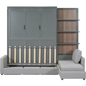 Ball & Cast Murphy Bed Queen Size Wall Chest with Sofa and Shelves, Wood Hideaway Cabinet Platform Bedframe w/ Slat Support, can be Folded, Space-Saving, for Small Room, Dorms, Gray