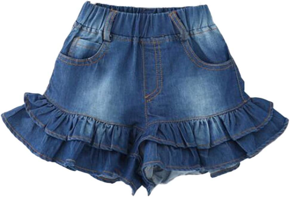 Girls Denim Shorts 2 Layers Ruffles Lace Kids Baby Workout Fashion Skirt Shorts Summer Beach Sports Short Pants (5-6 Years, Dark Blue)