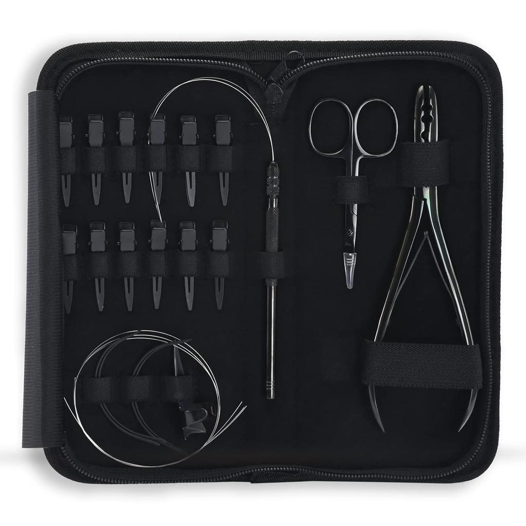 Hair Extension Tools Kit Includes 2 HoleMicro Beads Microlink Crimping Plier, 12pcs Sectioning Clips, Quick Parting Tool, Mini Scissor & C Type Needles, Loop Tool (Black)