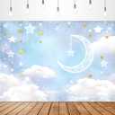 Glawry Cloud Baby Shower Boy Backdrop 7Wx5H Feet Cartoon Cute Blue White Gold Over The Moon Twinkle Star Banner Party Decorations Photography Background Photo Booth Studi