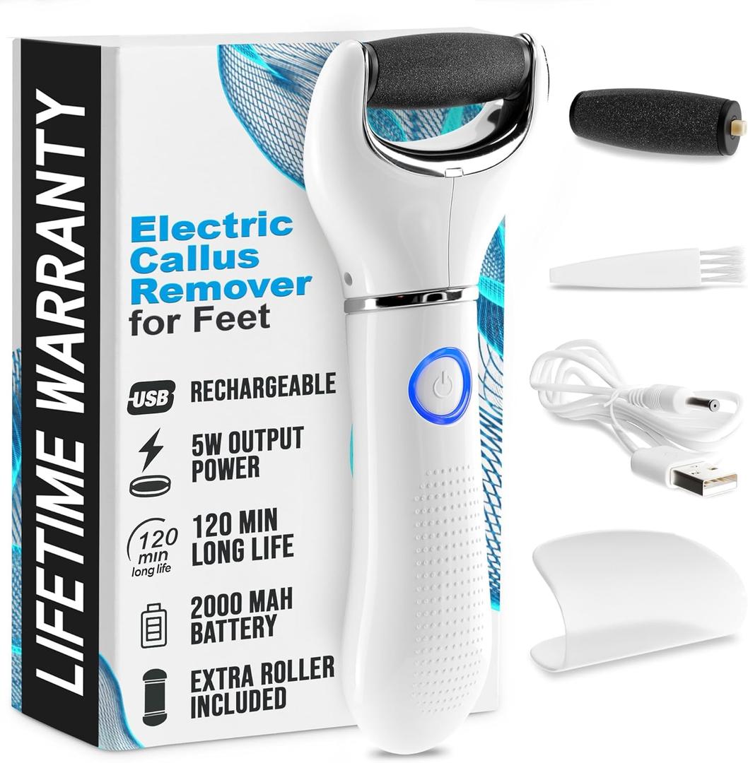 Rechargeable Electric Foot Callus Remover Tool  3-Speed Foot Sander (1800/2200/2800 RPM), Electric Callus Remover for Feet, Pedicure Tools for Feet  1200mAh, 70 Min Runtime, 2 Replacement Rollers