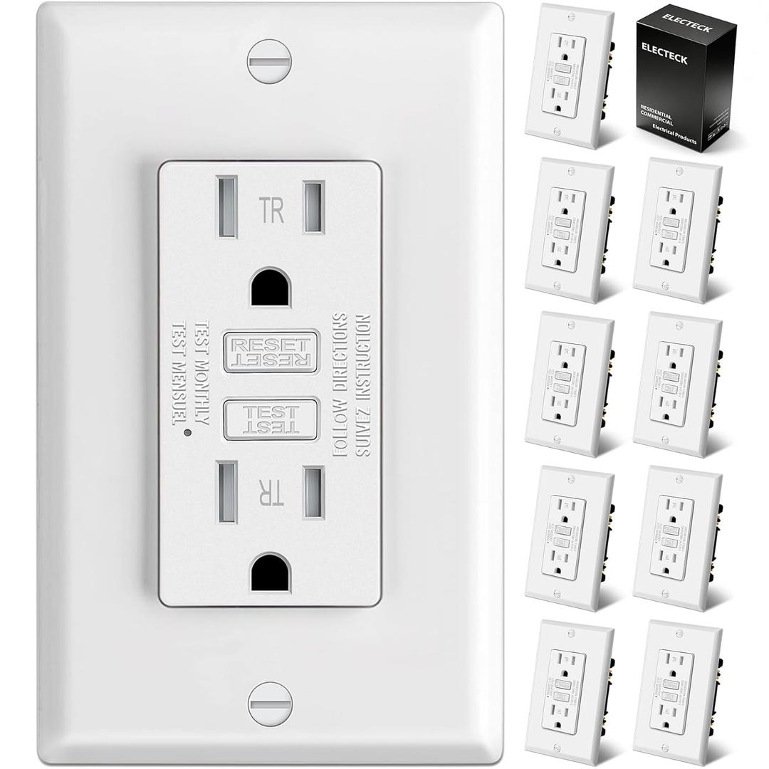 ELECTECK 10 Pack GFCI Outlets 15 Amp, Tamper Resistant (TR), Ultra Slim GFI Receptacles with LED Indicator, Ground Fault Circuit Interrupter, Decor Wallplate Included, ETL Listed, White
