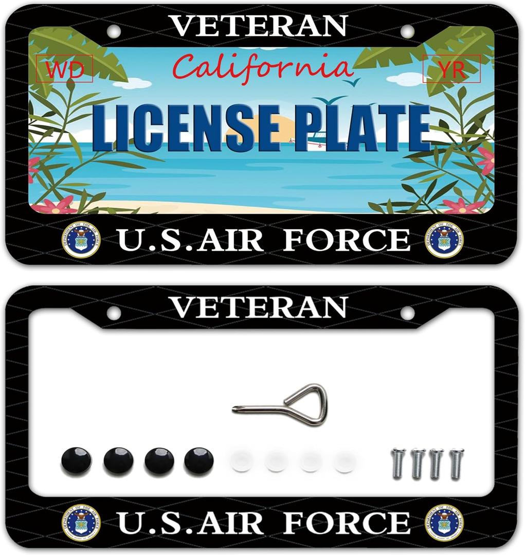 2 Pack Veteran US Air Force Design License Plate Frame USAF Decorative Stainless Steel Car License Plate Cover for Men Women Boys Girls Fans 12 X 6 Inch