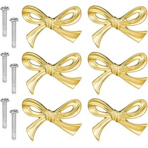 Gold Bow Knobs for Dresser 6 Pcs Bow Drawer Knobs, Solid Brass Cabinet Bows Decorative Drawer Pulls, Vintage Elegant Bows Knob Dresser Handle for Home Kitchen Cabinet
