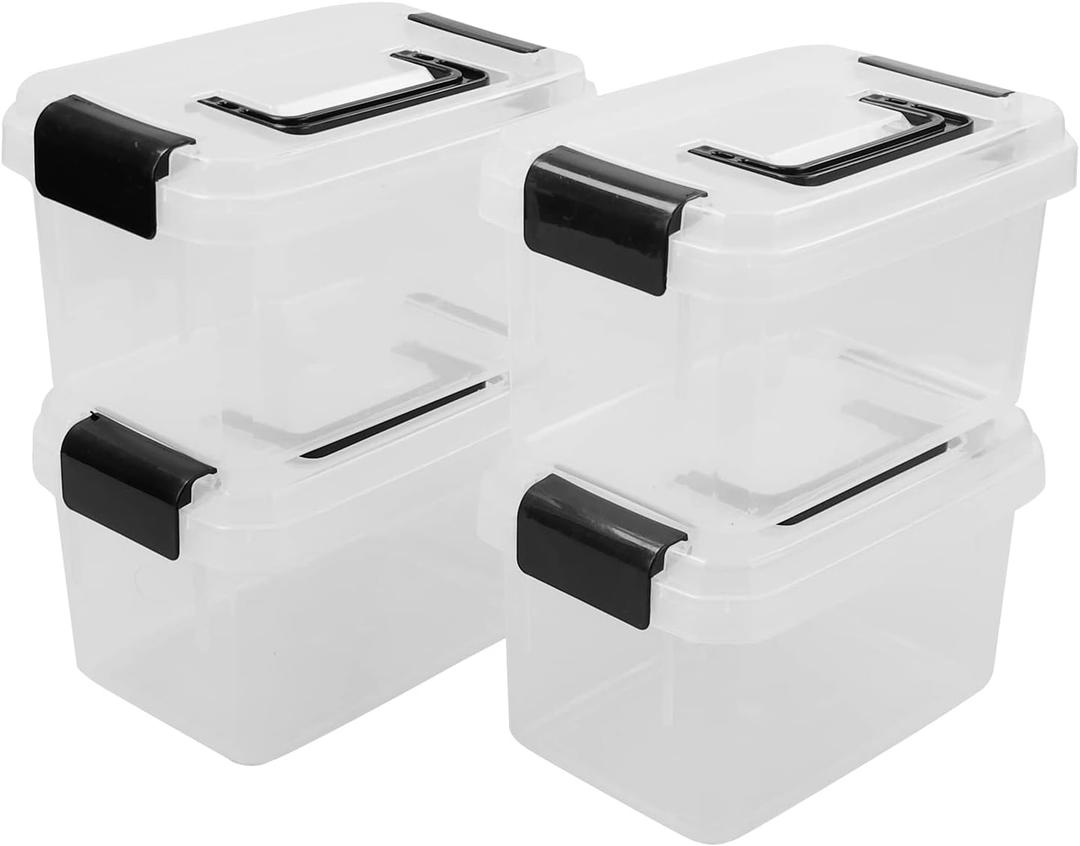Jekiyo 2.5 Quart Plastic Latching Box, Clear Bin with Black Handle, 4 Packs