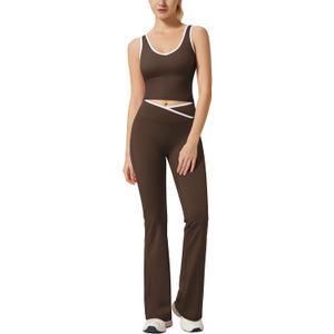 RXRXCOCO Women's Workout Sets 2 Piece Flare Leggings Butt Lifting Crop Tank Top Matching Set Colorblock Gym Yoga Outfits (Brown, XS)