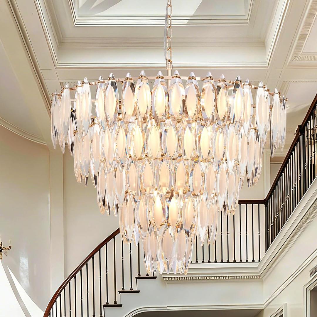 Modern Large Gold Crystal Chandelier 31" D Round Crystal Ceiling Light for Dining Room Living Room High Ceilings Hallway Entryway 14-Light Pendant Light Fixtures 31" D x 30" H