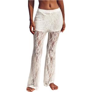 RoseSeek Women's Floral Lace Sheer Mesh Flare Pants Elastic High Waisted Long Trousers White Small