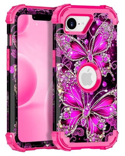 Casetego for iPhone 17e Case,iPhone 16e Case,Glow in The Dark Three Layer Heavy Duty Sturdy Shockproof Full Protection Rugged Hard PC+Soft TPU Bumper Case for Apple iPhone 17e/16e 6.1 inch,AllHotPink