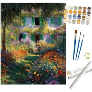 Impressionist Paint by Numbers Kit for Adults - DIY House with Garden Painting on Rolled Canvas 16x20 Inch, Acrylic Paint Set, Suitable for Beginners, Floral Art for Home Decoration or Gifts